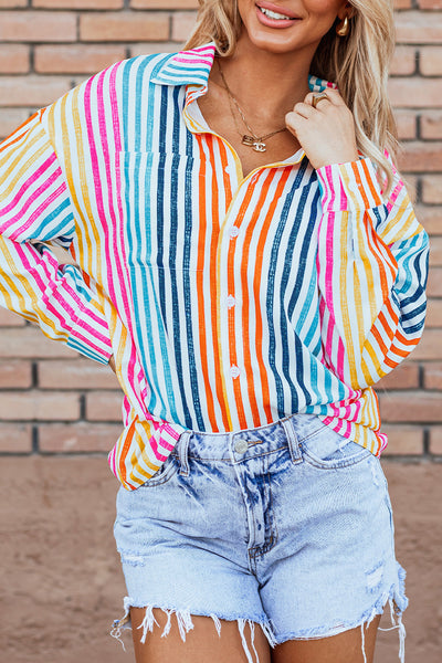 Trendy Women's Orange Striped Loose-Fit Drop Shoulder Shirt - Casual Multicolor Top for Effortless Everyday Style