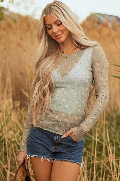 Women's Lightweight Floral Mesh Long Sleeve Top - Chic Spring/Summer Style for Effortless Casual Outfits