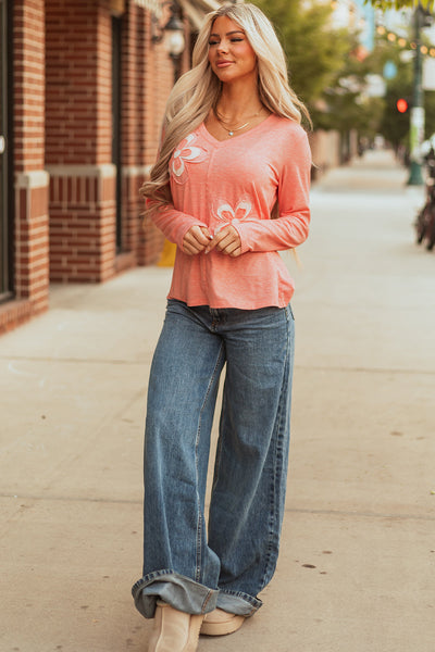 Women's Lightweight Floral Long Sleeve T-Shirt - Relaxed Fit for Effortless Spring & Summer Casual Style