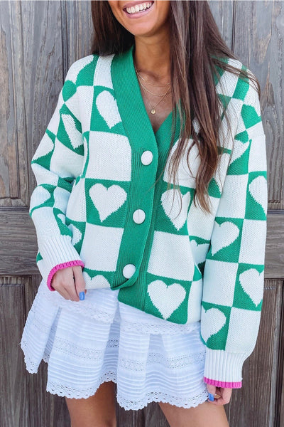Women's Sea Green Heart Intarsia Checkerboard Knit Cardigan