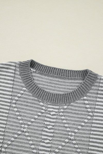 Cozy Women's Gray Striped Drop Shoulder Sweater with Geometric Texture for Effortless Casual Style