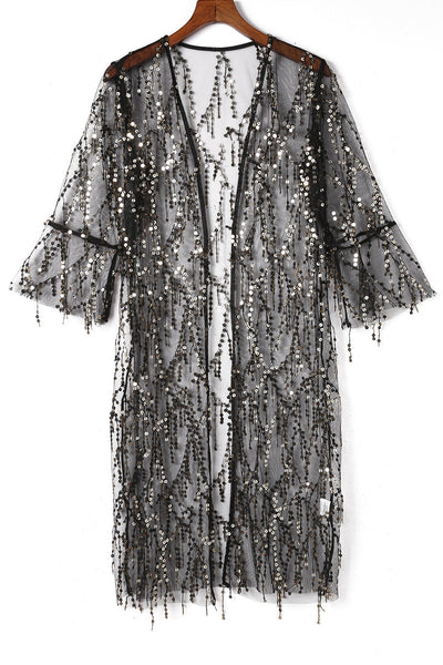 Women's Black Sequin Sheer Long Sleeve Open Front Kimono