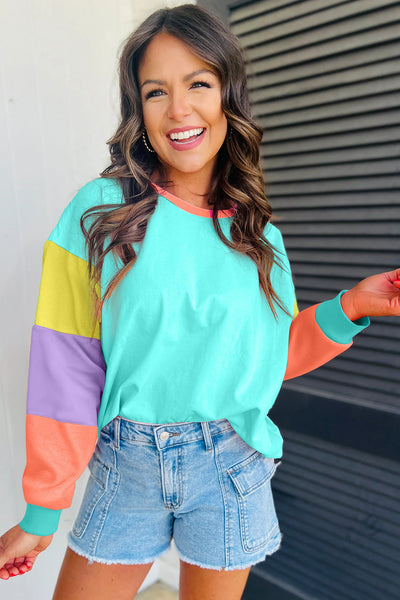 Casual Women's Light Blue Colorblock Long Sleeve Top - Comfortable Loose Fit Patchwork Design for Everyday Style