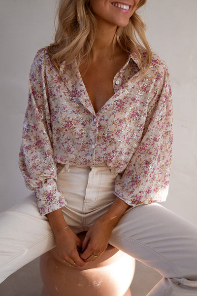 Stylish Women's Pink Floral Bishop Sleeve V-Neck Shirt - Chic Spring & Summer Top for Effortless Fashion