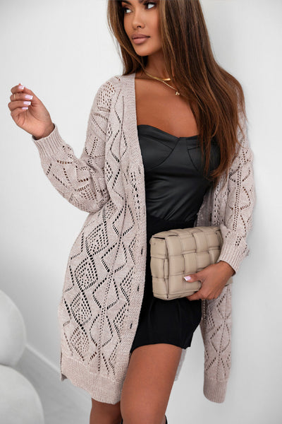 Stylish Women's Khaki Openwork Knit Cardigan for Effortless Layering and Cozy Comfort in Any Season