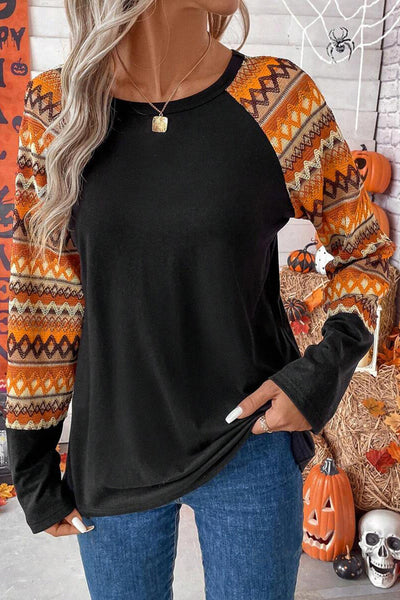 Women's Orange Geo Print Long Sleeve Raglan Tee with Patchwork Design Casual and Comfortable Fit