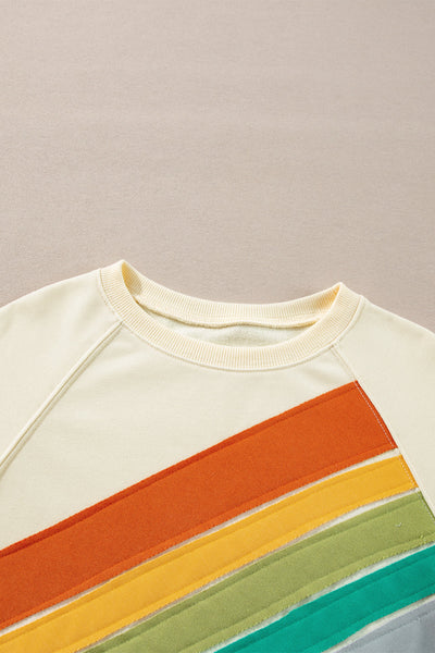 Women's Cozy Apricot Rainbow Colorblock Striped Pullover Sweatshirt - Casual Fit for Effortless Everyday Style