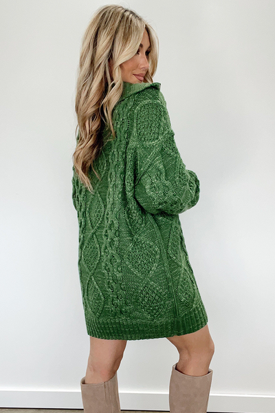 Cozy Mist Green Cable Knit Quarter Zip Sweater Dress for Women - Trendy Loose Fit Mini Dress, Ideal for Fall Style