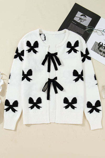 Women's Intarsia Bow Tie-Front Cardigan in Ivory and Black made for easy styling and wardrobe coordination, with premium-like structure and finish.