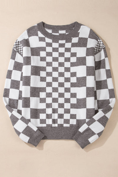 Cozy Gray Checkered Drop Shoulder Sweater for Women - Chic Round Neck Knit Top for Effortless Casual Style