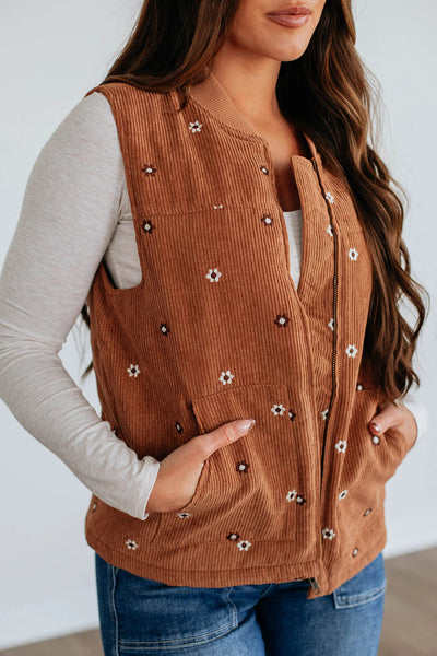 Stylish Women's Gold Flame Corduroy Zipped Vest with Floral Embroidery - Perfect Layering Essential for Every Season