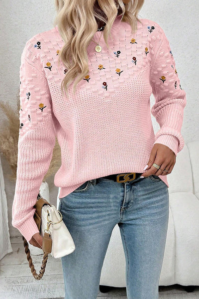 Light Pink Women's Casual Sweater with Textured Knit and Floral Embroidery Ideal for Everyday Chic Style