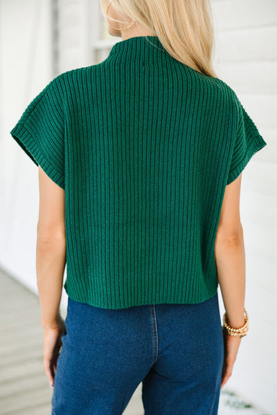 Women's Casual Blackish Green Ribbed Knit Sweater with Patch Pockets - Stylish Short Sleeve Top for Everyday Comfort