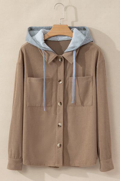 Chic Women's Pale Khaki Corduroy Shacket with Hood, Drawstring, and Pockets - Perfect for Casual Layering