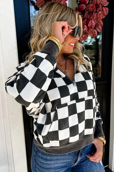 cozy women's gray checkered half zip hoodie trendy casual fashion with comfortable fit for everyday wear made for easy styling and wardrobe with