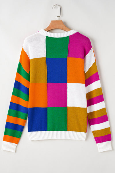 Cozy Women's Orange Checkered Color Block Sweater - Loose Fit Round Neck Knit Top for Effortless Casual Chic