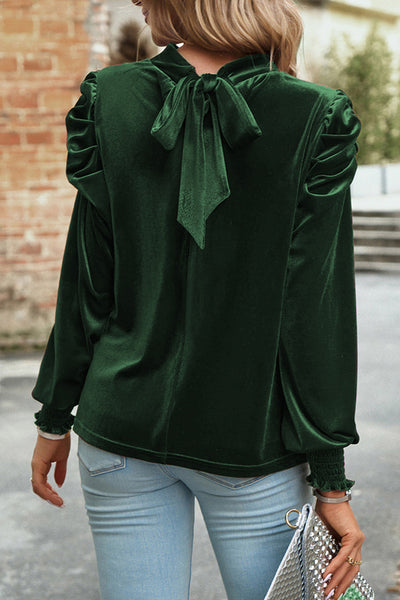 Luxurious Green Velvet Puff Sleeve Blouse with Mock Neck