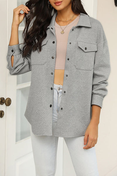 Women's Gray Textured Shacket with Flap Pockets - Stylish Button-Up Layering Jacket for Casual Outings and Everyday Wear