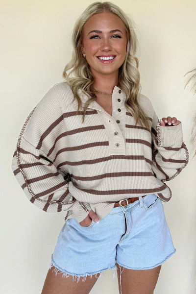 women's loose fit khaki stripe henley sweater with exposed seams and patchwork drop shoulders for effortless style made for easy styling and wardrobe