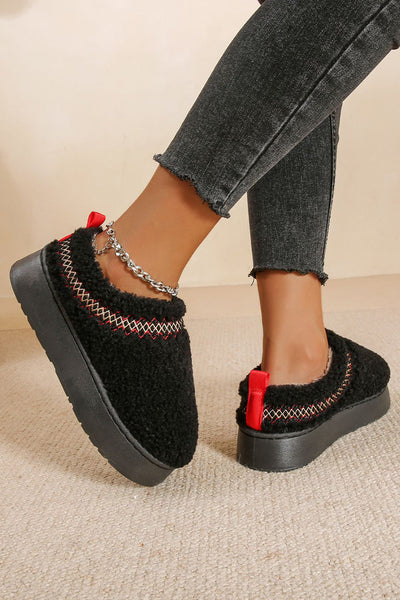 Women's Embroidered Black Sherpa Plush Snow Boots with Thick Sole for Cozy Comfort and Chic Winter Style