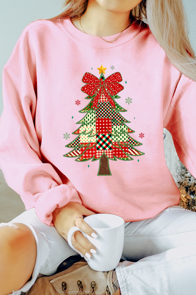 Women's Pink Patchwork Christmas Tree Drop Shoulder Sweatshirt