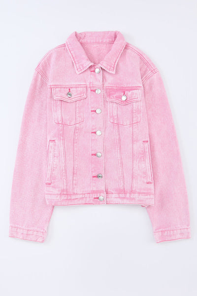 Women's Pink Acid Wash Button Flap Pocket Denim Jacket