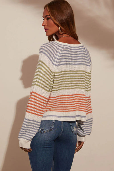 Cozy Women's Multicolor Striped V-Neck Sweater with Raglan Sleeves Trendy Knitwear for Effortless Casual Style