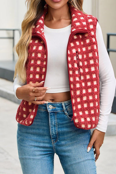 Cozy Women's Red Checkered Plush Zip-Up Winter Vest - Stylish Fit for Cold Weather Fashion and Comfort