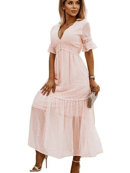 Women's V-Neck Ruffle Sleeve Swiss Dot Midi Dress