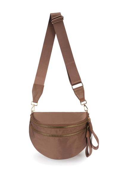 Women's Camel Double Zip Crescent Sling Crossbody Bag