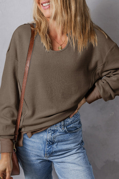 Women's Espresso Waffle Knit V-Neck Pullover with Drop Shoulders