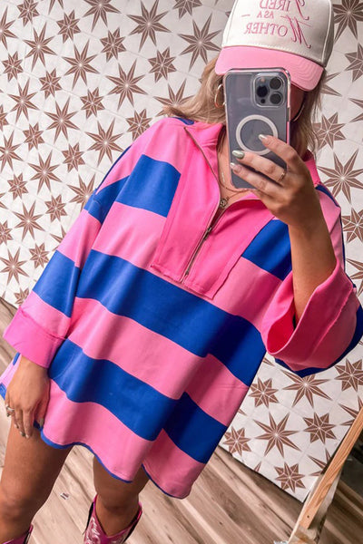 Casual Women's Pink Striped Color Block Mini Dress with 3/4 Sleeves and Zip Neck - Comfortable Loose Fit for Daily Style