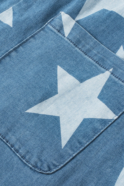 Women's Star Print Buttoned Strap Pleat Wide Leg Denim Overall