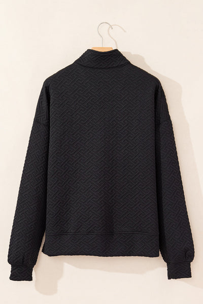 Chic Women's Black Textured Half-Zip Sweatshirt with Collared Neckline for Effortless Casual Style and Cozy Comfort