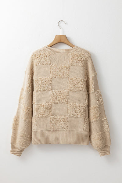 Cozy Women's Parchment Checkered Sherpa Sweater - Loose Fit Crew Neck for Stylish Fall and Winter Layering