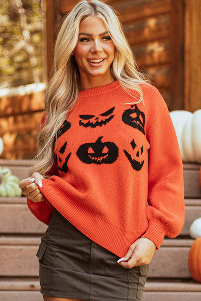 Women's Cozy Orange Pumpkin Face Sweater - Trendy Drop Shoulder Fall Fashion for Halloween Celebrations