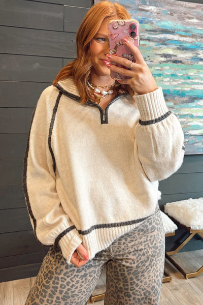 Cozy Women's White Quarter Zip Baggy Sweater with Contrast Trim & Ribbed Details for Stylish Winter Outfits