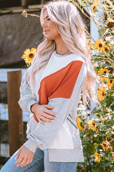Trendy Women's Khaki Colorblock Long Sleeve Top with Irregular Hem for Effortless Casual Everyday Style