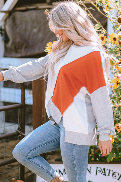 Trendy Women's Khaki Colorblock Long Sleeve Top with Irregular Hem for Effortless Casual Everyday Style