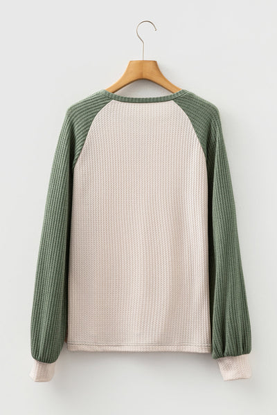Plus Size Women's Mist Green Waffle Color Block Long Sleeve Top - Trendy, Cozy, Ideal for Casual Everyday Outfits