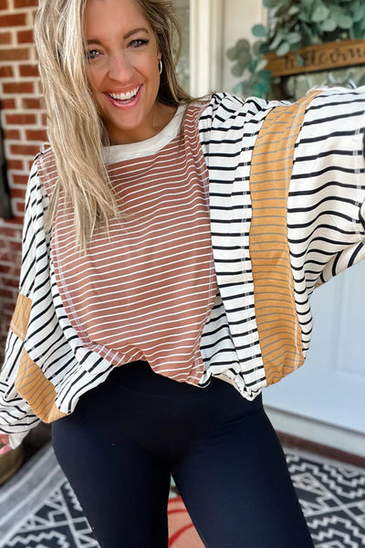 Trendy Women's Oversized Pink Striped Color Block Long Sleeve Top with Exposed Seams for Casual Chic Looks