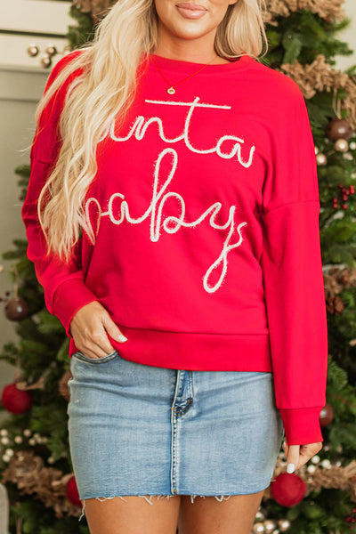 Cozy Fiery Red Santa Baby Graphic Sweatshirt for Women - Festive Holiday Style with Tinsel Detail
