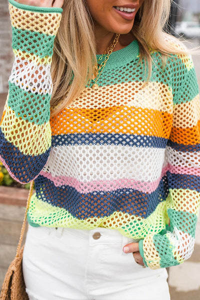 Chic Women's Green Colorblock Knit Sweater with Crochet Eyelet Detail - Cozy, Stylish, Perfect for Any Occasion