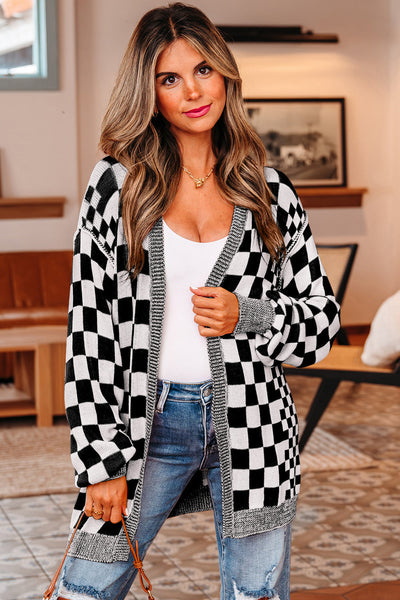 Stylish Women's Oversized Black Checkered Cardigan - Cozy Knit Sweater for Fall Fashion and Casual Everyday Wear
