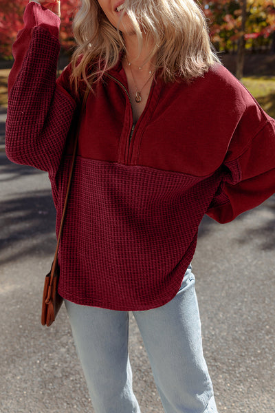 Cozy Women's Red Dahlia Waffle Knit Half-Zip Sweatshirt with Patchwork Design for Casual Everyday Wear