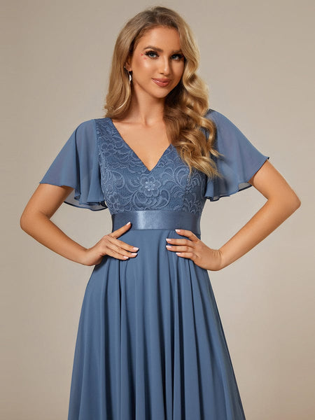 Asymmetrical Chiffon Dress with Lace Top