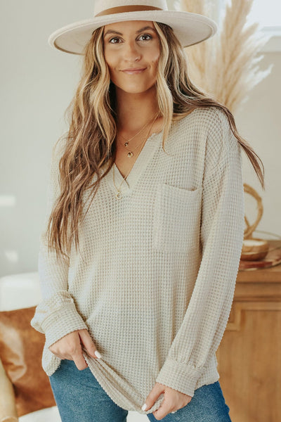 Women's Waffle Knit Long Sleeve Henley Top