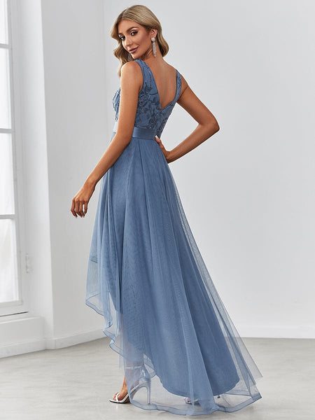 Deep V Neck Tulle High-Low Prom Dress with Sequin Detail