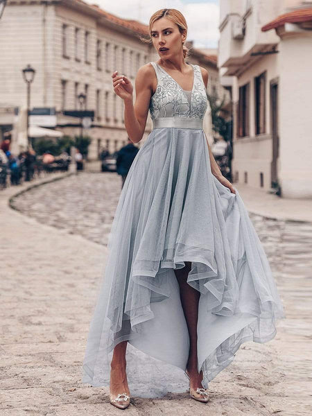 Deep V Neck Tulle High-Low Prom Dress with Sequin Detail