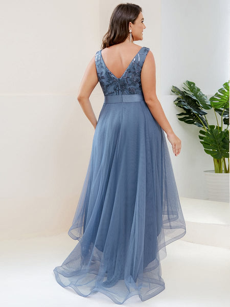 Deep V Neck Tulle High-Low Prom Dress with Sequin Detail